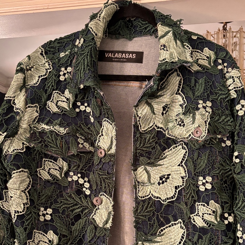 Valabasas Embroidered Floral Jacket - Dark Green & Light Green Accents